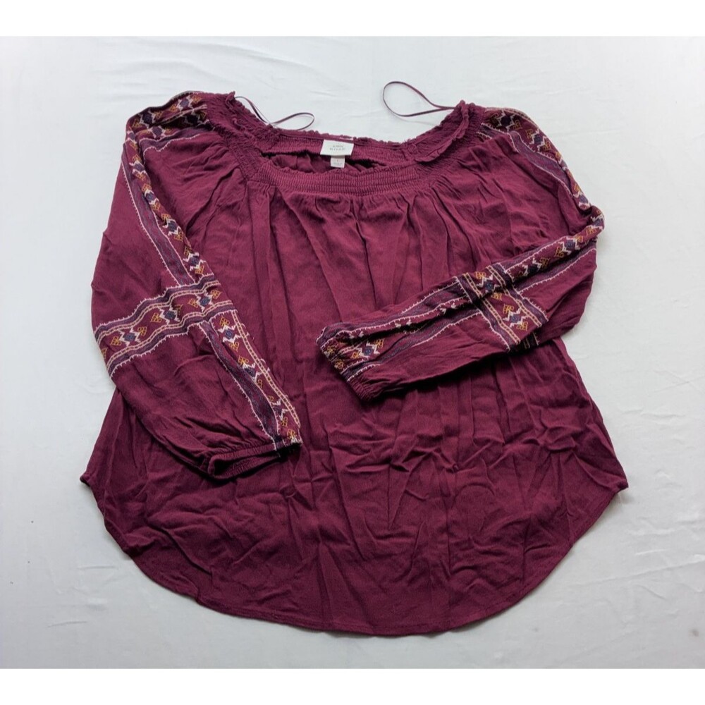 Knox Rose Boho-Chic Tribal Embroidered Flowy Rounded Scoop Neck Blouse Sz L